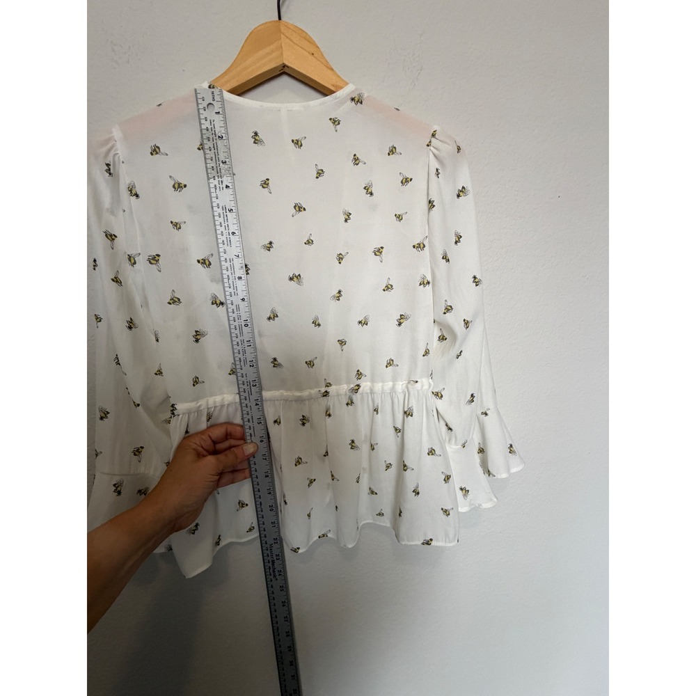 Free People Bee Print Tie Front Blouse Boho Bell Sleeve Sheer Top White S - Picture 9 of 16